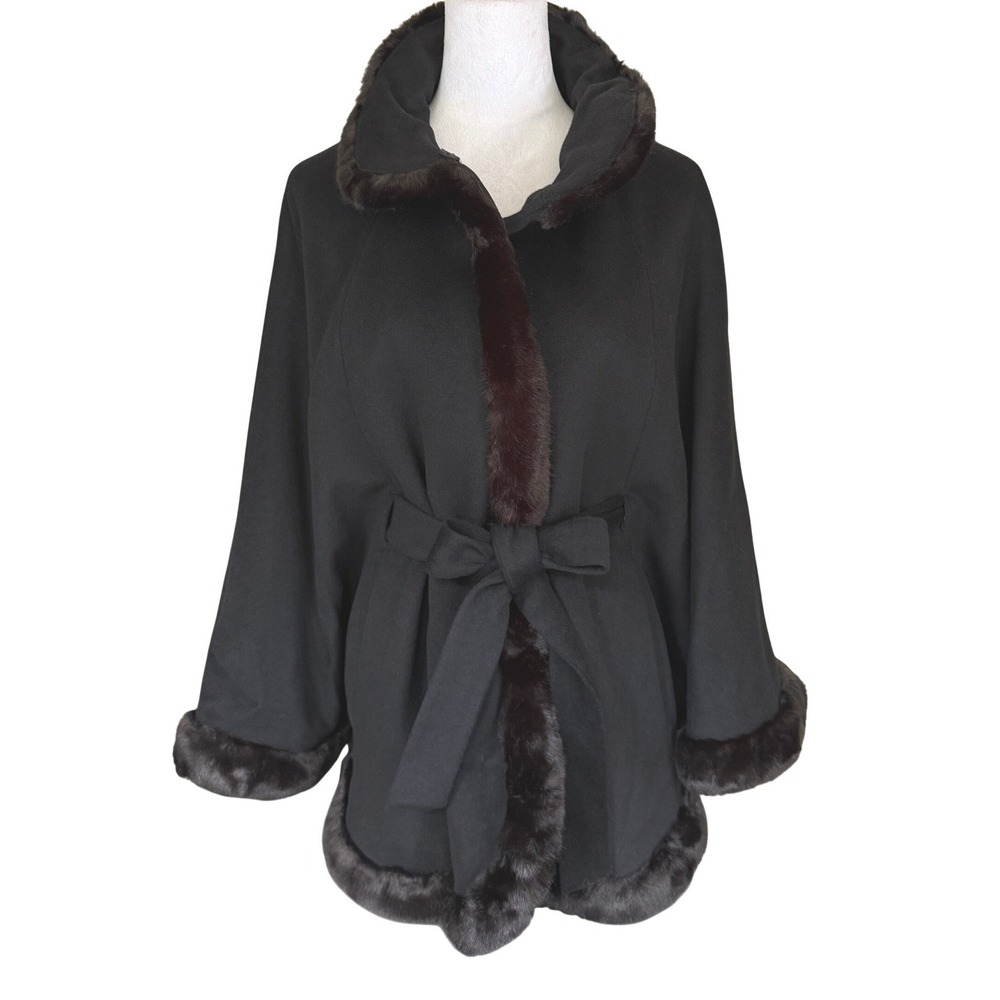 Ellen Tracy Wool Blend Faux Fur Trim Belted Poncho Cape Coat Black M Winter Glam - Picture 2 of 16